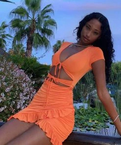 Trendy & Unique What's New Sexy V Neck Floss Strap Ruched Bodycon Party Mini Dress - Orange