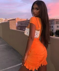 Trendy & Unique What's New Sexy V Neck Floss Strap Ruched Bodycon Party Mini Dress - Orange