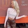 Trendy & Unique Crop Tops Sheer Contrast Printed Stringy Selvedge Crop Mesh Top - Coffee