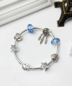 Trendy & Unique Boho Style Silver Plated Rhinestone Charm Bangle Bracelet - Silver