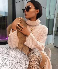 Trendy & Unique Simple Oversized Rib Split Hem Turtleneck Pullover Sweater - Khaki