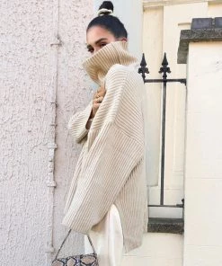 Trendy & Unique Simple Oversized Rib Split Hem Turtleneck Pullover Sweater - Khaki 7 Trendy & Unique Simple Oversized Rib Split Hem Turtleneck Pullover Sweater - Khaki