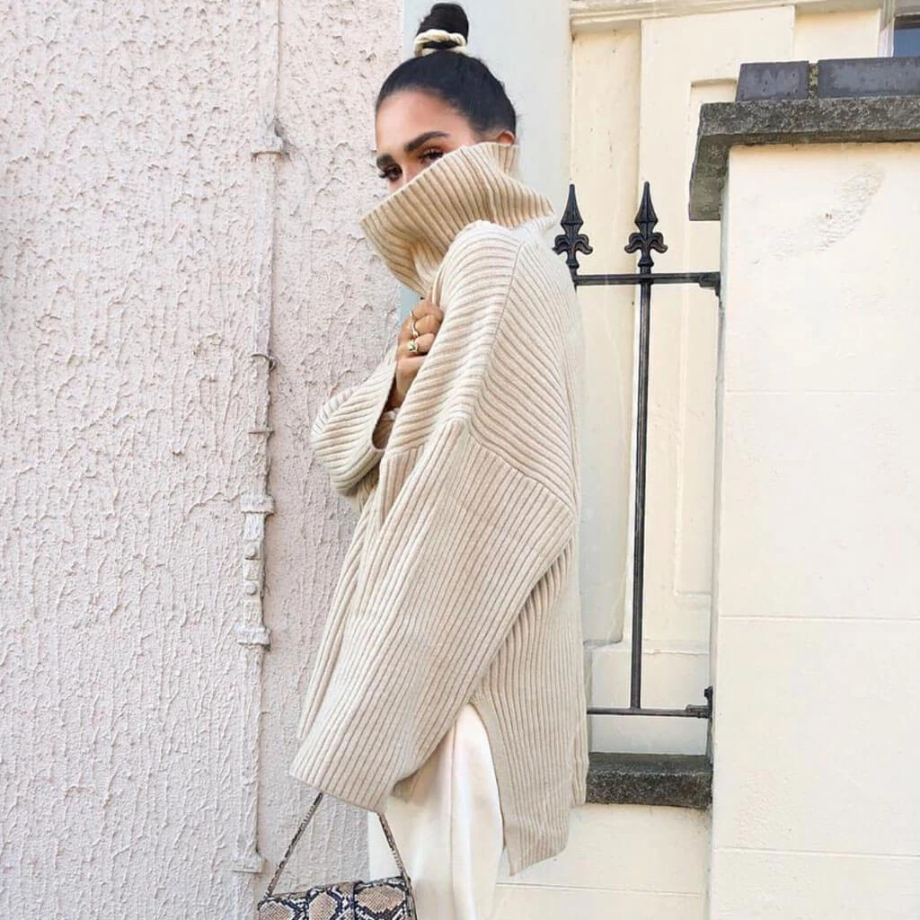 Trendy & Unique Simple Oversized Rib Split Hem Turtleneck Pullover Sweater - Khaki 5 Trendy & Unique Simple Oversized Rib Split Hem Turtleneck Pullover Sweater - Khaki