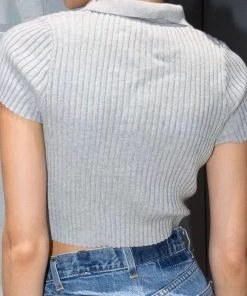 Trendy & Unique What's New Simple Style Collared Button Down Rib Knit Cropped Sweater - Gray