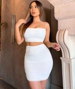 Trendy & Unique What's New Simple Style Cropped Tank High Waist Skirt Matching Set - White
