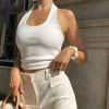 Trendy & Unique Simple Style Halter Neck Solid Color Rib Crop Tank Top - White What's New