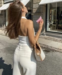 Trendy & Unique Simple Style Halter Neck Solid Color Rib Crop Tank Top - White What's New