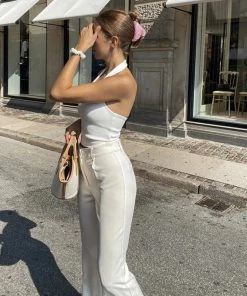 Trendy & Unique Simple Style Halter Neck Solid Color Rib Crop Tank Top - White What's New