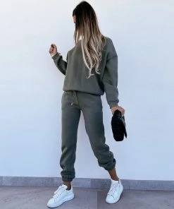 Trendy & Unique Simple Style Round Neck Long Sleeve Sweatsuit Matching Set - Army Green