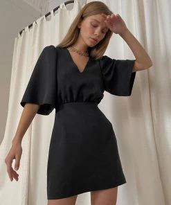Trendy & Unique What's New Simple Style V Neck Puff Sleeve Little Black Mini Dress - Black