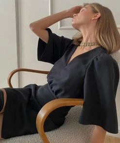 Trendy & Unique What's New Simple Style V Neck Puff Sleeve Little Black Mini Dress - Black