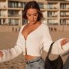 Trendy & Unique Simple V Neck Zip Front Long Sleeve Crop Cardigan - White