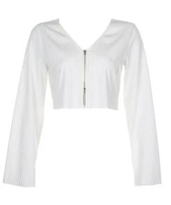 Trendy & Unique Simple V Neck Zip Front Long Sleeve Crop Cardigan - White 8 Trendy & Unique Simple V Neck Zip Front Long Sleeve Crop Cardigan - White