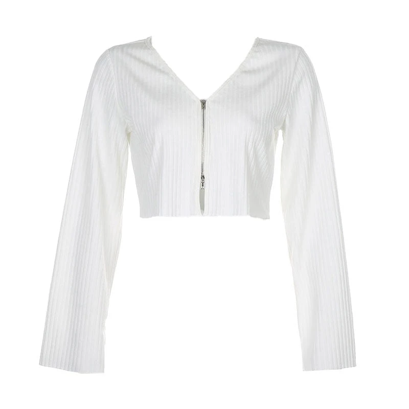 Trendy & Unique Simple V Neck Zip Front Long Sleeve Crop Cardigan - White 5 Trendy & Unique Simple V Neck Zip Front Long Sleeve Crop Cardigan - White