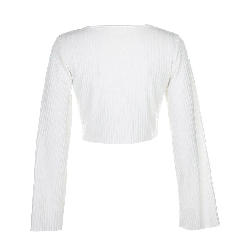 Trendy & Unique Simple V Neck Zip Front Long Sleeve Crop Cardigan - White 6 Trendy & Unique Simple V Neck Zip Front Long Sleeve Crop Cardigan - White