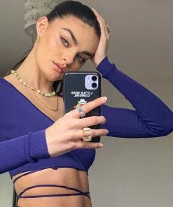 Trendy & Unique Slinky Tie Wrap Around Long Sleeve Knit Cropped Cardigan - Royal Blue