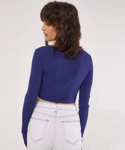 Trendy & Unique Slinky Tie Wrap Around Long Sleeve Knit Cropped Cardigan - Royal Blue