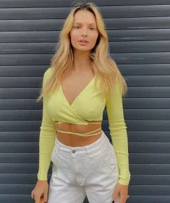 Trendy & Unique Slinky Tie Wrap Around Long Sleeve Knit Cropped Cardigan - Yellow What's New