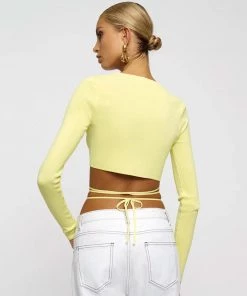 Trendy & Unique Slinky Tie Wrap Around Long Sleeve Knit Cropped Cardigan - Yellow What's New