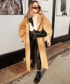 Trendy & Unique Slouchy Belted Bubble Sleeve Wool-Blend Lapel Trench Coat - Camel What's New