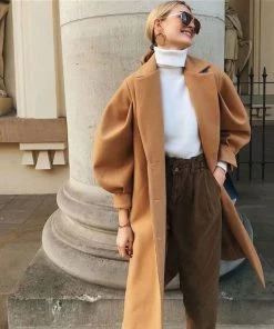 Trendy & Unique Slouchy Belted Bubble Sleeve Wool-Blend Lapel Trench Coat - Camel What's New