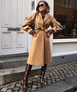 Trendy & Unique Slouchy Belted Bubble Sleeve Wool-Blend Lapel Trench Coat - Camel What's New