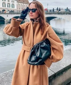 Trendy & Unique Slouchy Belted Bubble Sleeve Wool-Blend Lapel Trench Coat - Camel What's New