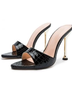 Trendy & Unique Snake Embossed Pointed Toe Unique High Heel Mules - Black What's New