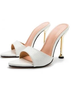 Trendy & Unique Snake Embossed Pointed Toe Unique High Heel Mules - White