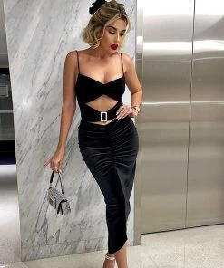 Trendy & Unique What's New Sparkly Buckled Spaghetti Strap Ruched Cut Out Midi Dress - Black