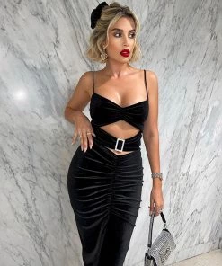 Trendy & Unique What's New Sparkly Buckled Spaghetti Strap Ruched Cut Out Midi Dress - Black