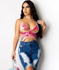 Trendy & Unique What's New Sparkly Butterfly Lace Up Backless Crop Sequin Top - Rose