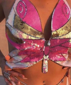 Trendy & Unique What's New Sparkly Butterfly Lace Up Backless Crop Sequin Top - Rose