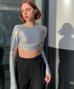 Trendy & Unique Sparkly Crew Neck Long Sleeve Backless Crop T- Shirt - Sliver