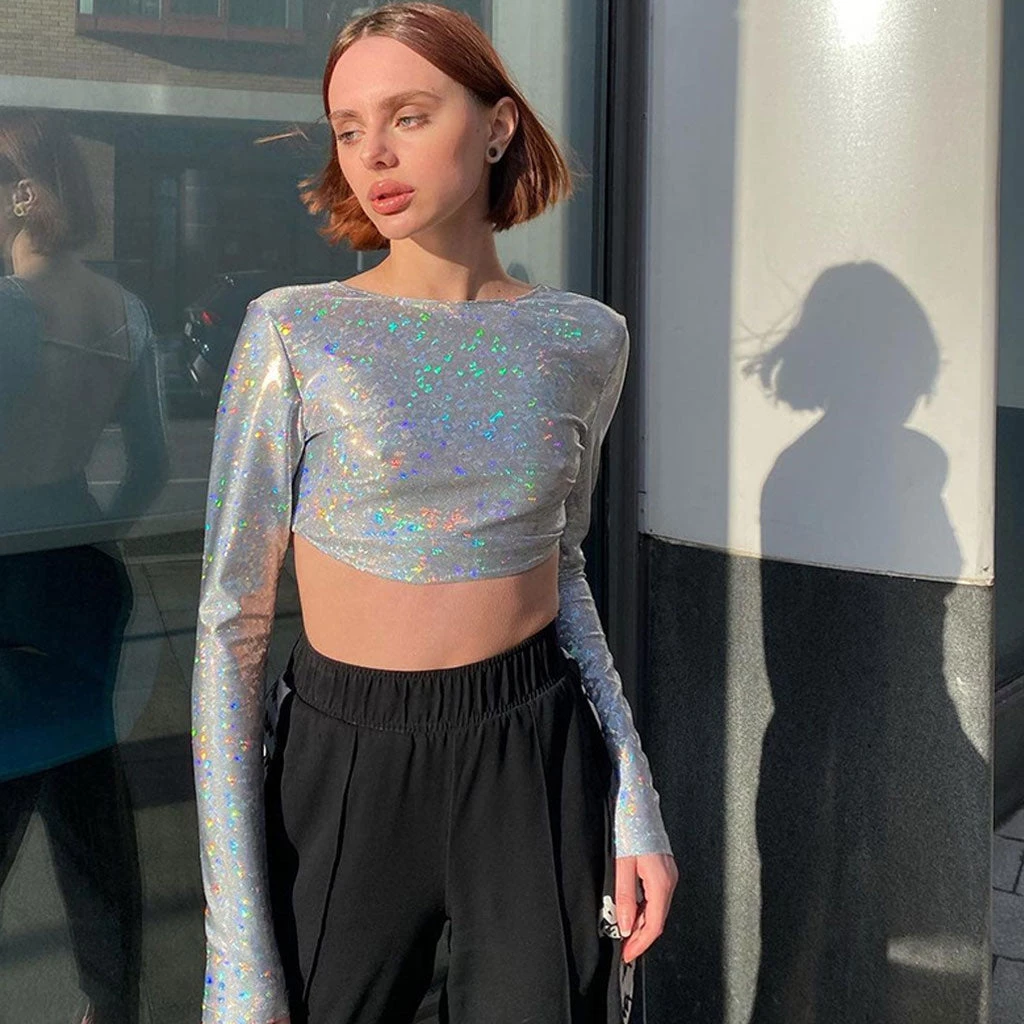 Trendy & Unique Sparkly Crew Neck Long Sleeve Backless Crop T- Shirt - Sliver 3 Trendy & Unique Sparkly Crew Neck Long Sleeve Backless Crop T- Shirt - Sliver