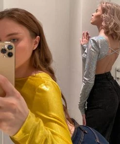 Trendy & Unique Sparkly Crew Neck Long Sleeve Backless Crop T- Shirt - Sliver 7 Trendy & Unique Sparkly Crew Neck Long Sleeve Backless Crop T- Shirt - Sliver