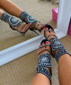 Trendy & Unique Sparkly Embellished Cut Out Open Toe High Heel Sandals - Black
