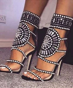 Trendy & Unique Sparkly Embellished Cut Out Open Toe High Heel Sandals - Black