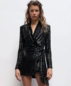 Trendy & Unique Sparkly Lapel Collar Long Sleeve Sequin Wrap Mini Dress - Black What's New