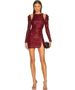 Trendy & Unique Sparkly Mesh Panel Long Sleeve Sequin Mini Dress - Burgundy What's New