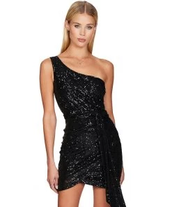 Trendy & Unique Sparkly One Shoulder Bodycon Sequin Club Mini Dress - Black What's New