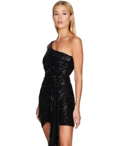 Trendy & Unique Sparkly One Shoulder Bodycon Sequin Club Mini Dress - Black What's New