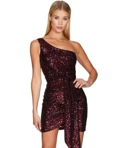 Trendy & Unique Sparkly One Shoulder Bodycon Sequin Club Mini Dress - Burgundy