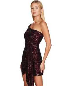 Trendy & Unique Sparkly One Shoulder Bodycon Sequin Club Mini Dress - Burgundy