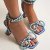 Trendy & Unique Sparkly Pearl Strap Unique High Heels Butterfly Sandals - Blue