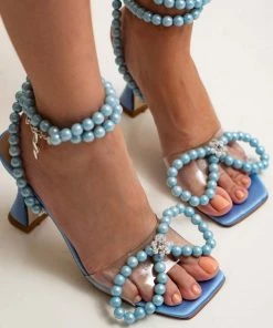 Trendy & Unique Sparkly Pearl Strap Unique High Heels Butterfly Sandals - Blue