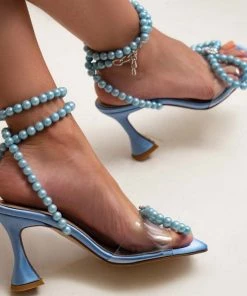 Trendy & Unique Sparkly Pearl Strap Unique High Heels Butterfly Sandals - Blue