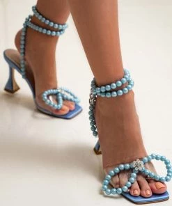 Trendy & Unique Sparkly Pearl Strap Unique High Heels Butterfly Sandals - Blue