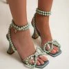 Trendy & Unique Sparkly Pearl Strap Unique High Heels Butterfly Sandals - Green
