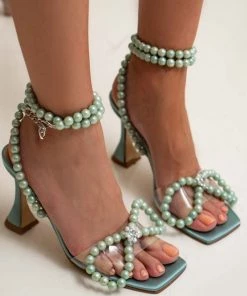 Trendy & Unique Sparkly Pearl Strap Unique High Heels Butterfly Sandals - Green